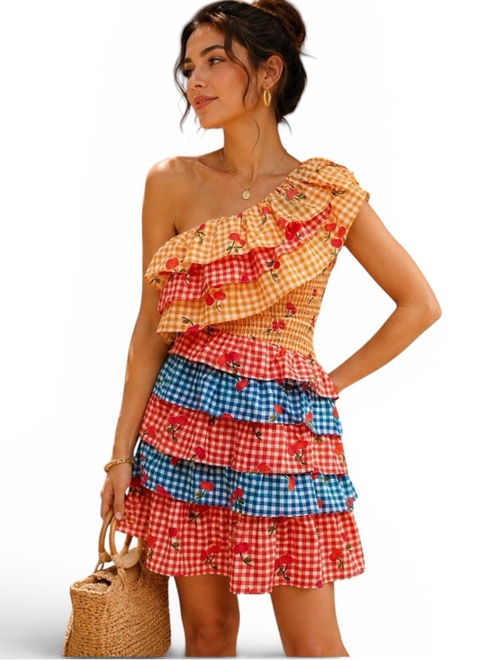 FARM Rio Dresses & Skirts - FARM Rio Anthropologie Cherry Gingham One Shoulder Ruffle Tiered Mini Dress XS